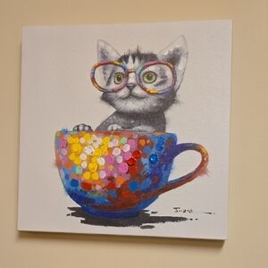 Colorful Kitten in Teacup Wall Art - White Canvas
